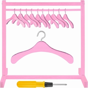Civaner Doll Garment Rack with Wooden Clothes Hanger for 18 Inch Girl Doll Clothes Mini Hangers Wardrobe Furniture Accessories for Dollhouse Baby Shower Supplies(Pink)