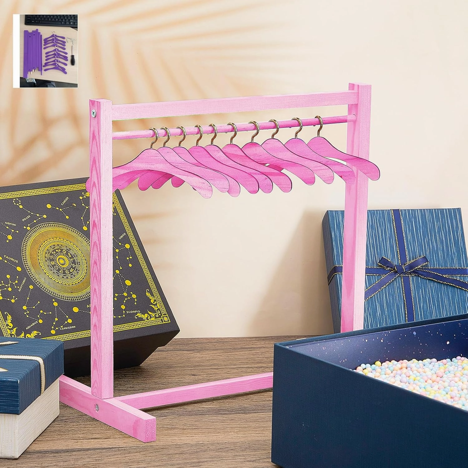 Civaner Doll Garment Rack with Wooden Clothes Hanger for 18 Inch Girl Doll Clothes Mini Hangers Wardrobe Furniture Accessories for Dollhouse Baby Shower Supplies(Pink)