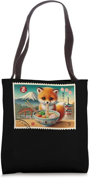 Classic Japanese Mt. Fuji Postage Stamp Fox Pup Ramen Tote Bag