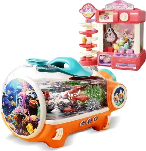 Claw Machine for Kids, Mini Vending Machine Toys for Girls, Arcade Game Toy and Small Fish Tank, Portable Betta Fish Tank for Kids with LED Light, Air Pump,Battery