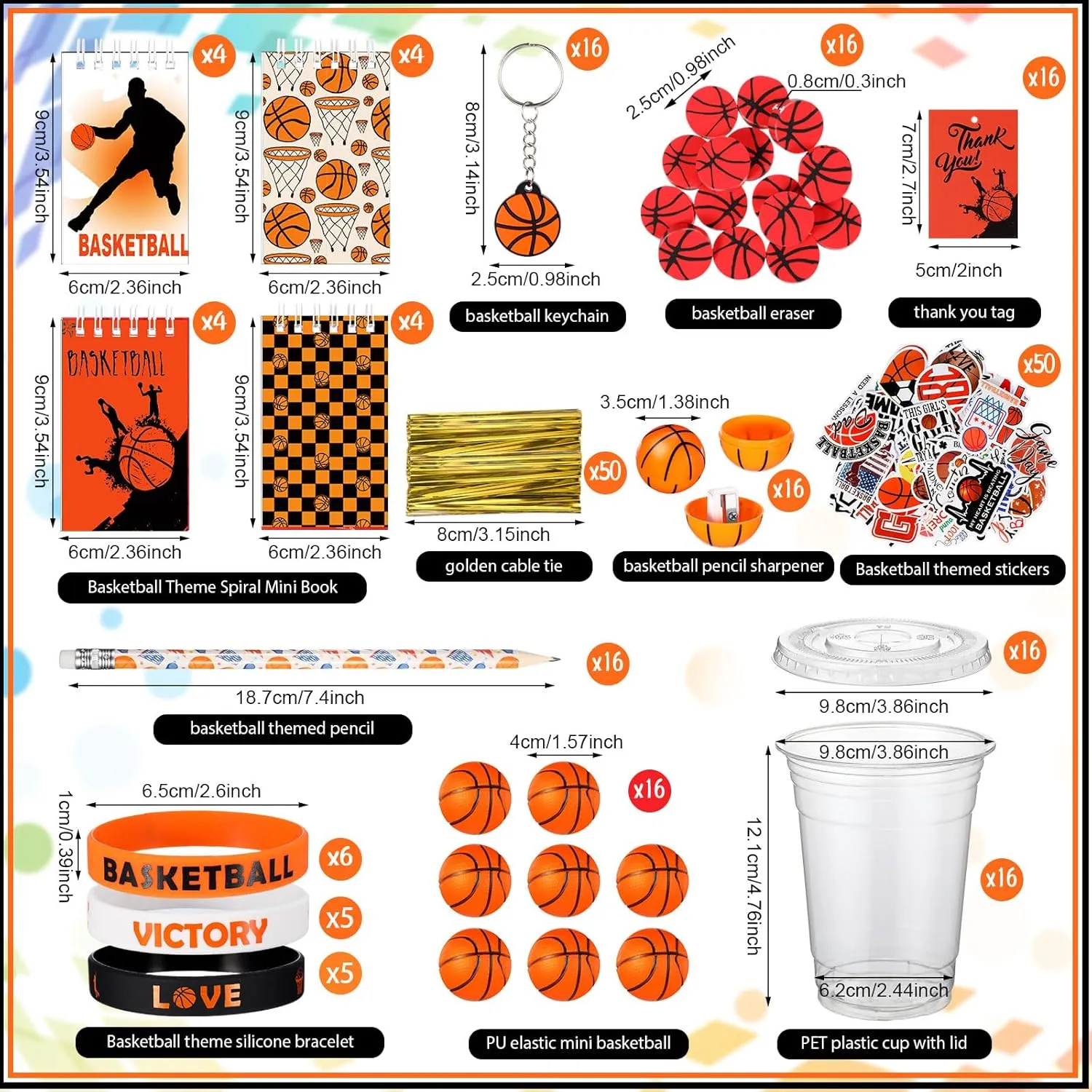 Colarr 195 Pcs Basketball Birthday Gifts Party Favors Sports Team Gift Cups Pencils Mini Book Keychains Wristbands Stickers Thank You Cards Eraser Sharpener Mini Ball for Basketball Party Supplies