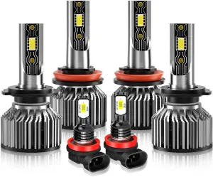 Compatible For Ford Fusion 2006-2018 Bulbs H7 High Beam   H11 Low Beam  H11/H8 Fog Lights Bulbs Kit, 6500K White with Fan, Plug and Play, Pack of 6