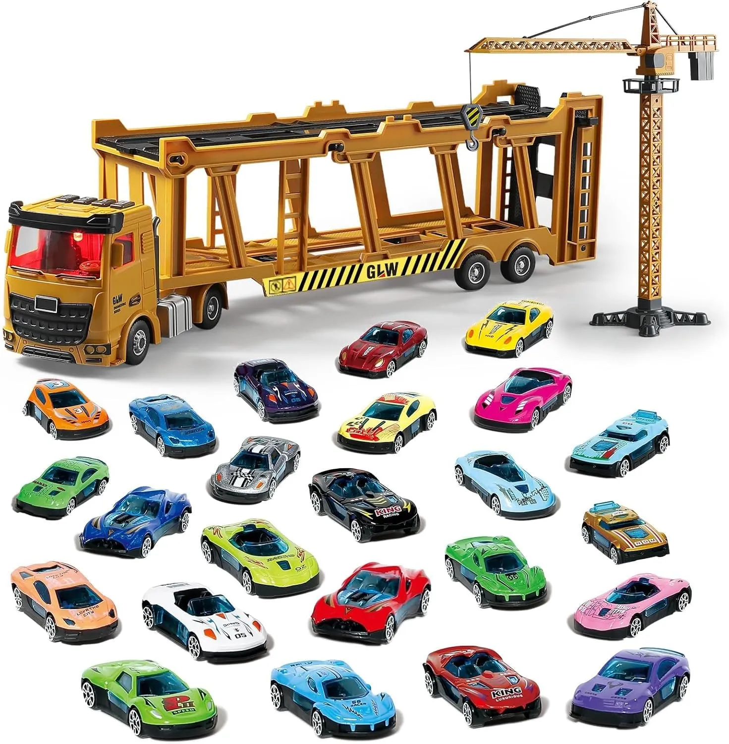 Construction Carrier Trucks with 16 Mini Car Toy Set – Alloy Inertia Driving 1:40 Simulation Model Vehicle Toys, Scranes, 16 Mini Car Carrier Truck