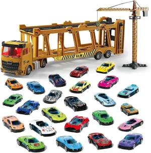 Construction Carrier Trucks with 16 Mini Car Toy Set – Alloy Inertia Driving 1:40 Simulation Model Vehicle Toys, Scranes, 16 Mini Car Carrier Truck