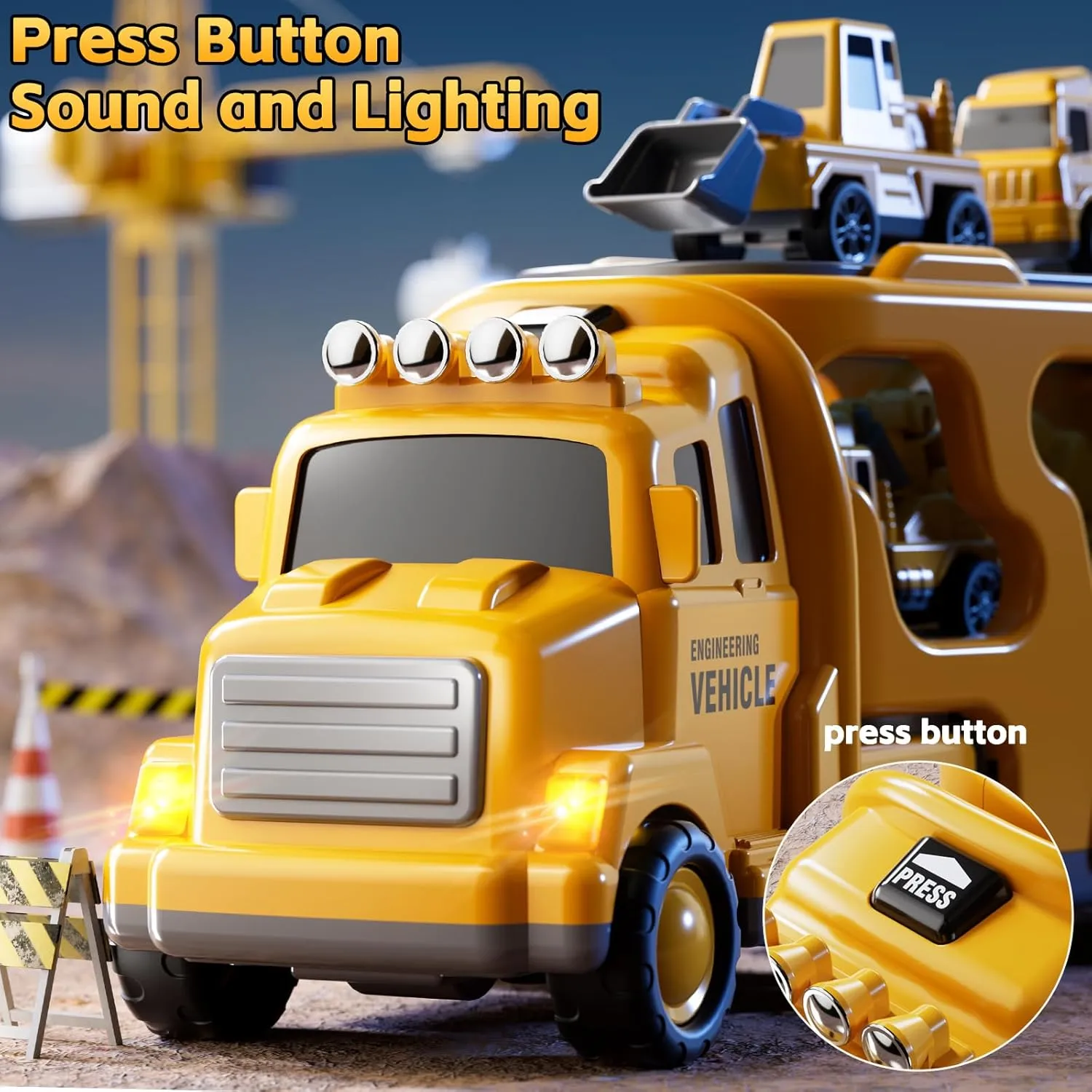Construction Trucks Toys for 2 3 4 5 Years Old Boys - 7-in-1 Carrier Transport Vehicle Trucks for Kids 1-3 3-5, Car Toys with Light Sound, Birthdays Gifts Set for Kids Age 3-9