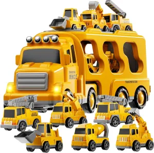 Construction Trucks Toys for 2 3 4 5 Years Old Boys - 7-in-1 Carrier Transport Vehicle Trucks for Kids 1-3 3-5, Car Toys with Light Sound, Birthdays Gifts Set for Kids Age 3-9