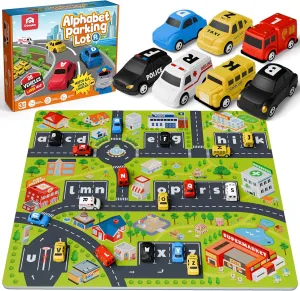 Coogam Alphabet Maze, 26pcs Pull Back Car with Play Mat Preschool Letter Matching Game for 3 4 5 Years Old, Montessori Educational Fine Motor Gift Toy for Toddler Kids