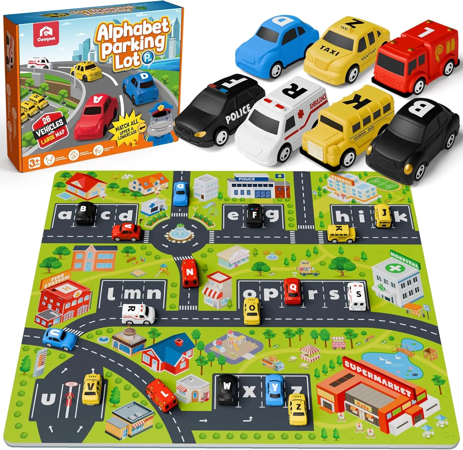 Coogam Alphabet Maze, 26pcs Pull Back Car with Play Mat Preschool Letter Matching Game for 3 4 5 Years Old, Montessori Educational Fine Motor Gift Toy for Toddler Kids