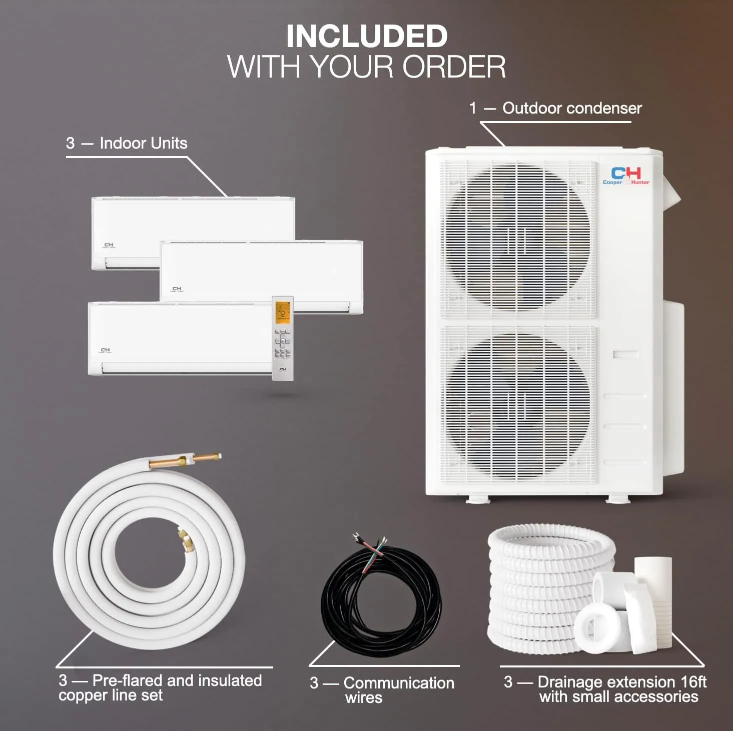 Cooper & Hunter 28,000 BTU Tri 3 Zone 9,000   12,000   12,000 BTU, 24.6 SEER2, 230V, Multi Zone Wall Mount Ductless Mini Split Air Conditioner Heat Pump Full Set with 25ft Installation Kits