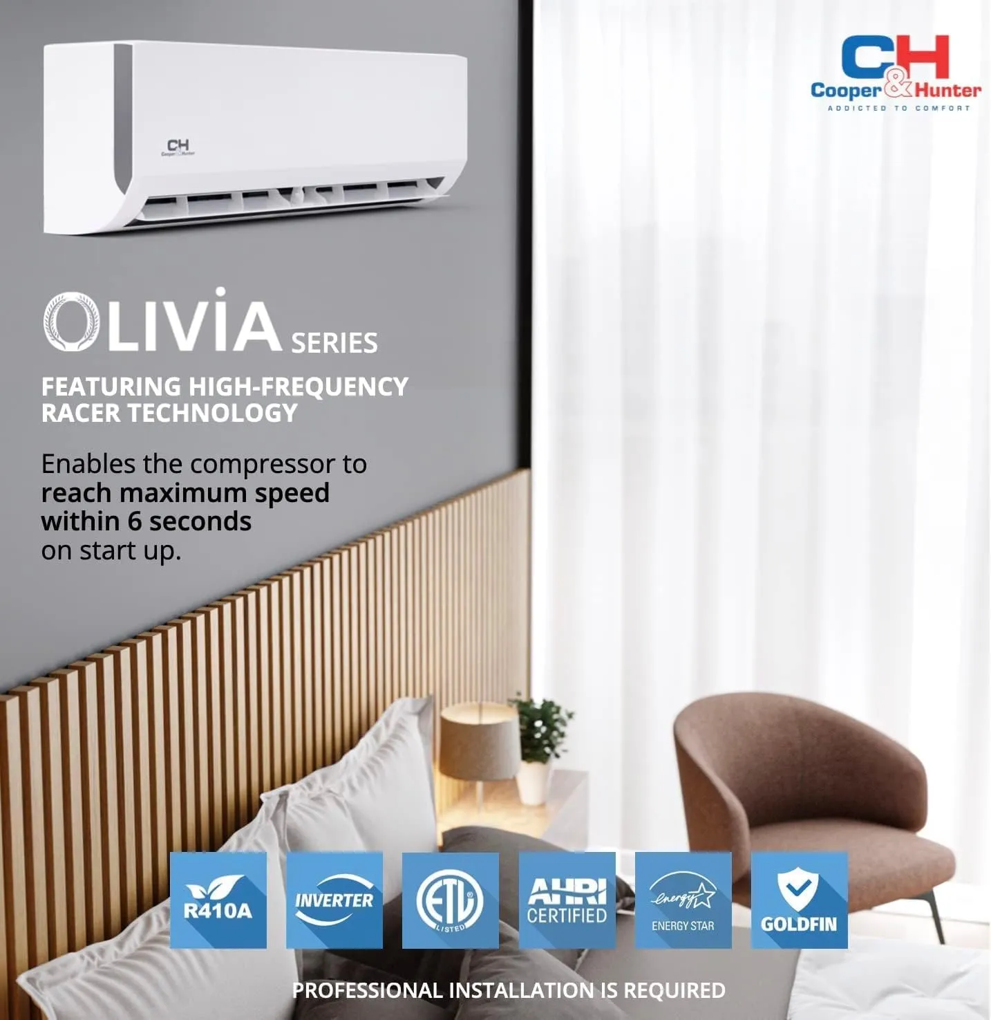 Cooper & Hunter Olivia Series, 36,000 BTU, 230V, 18.00 SEER2, Single Zone Mini Split AC/Heating Ductless Inverter System, Including Installation kit