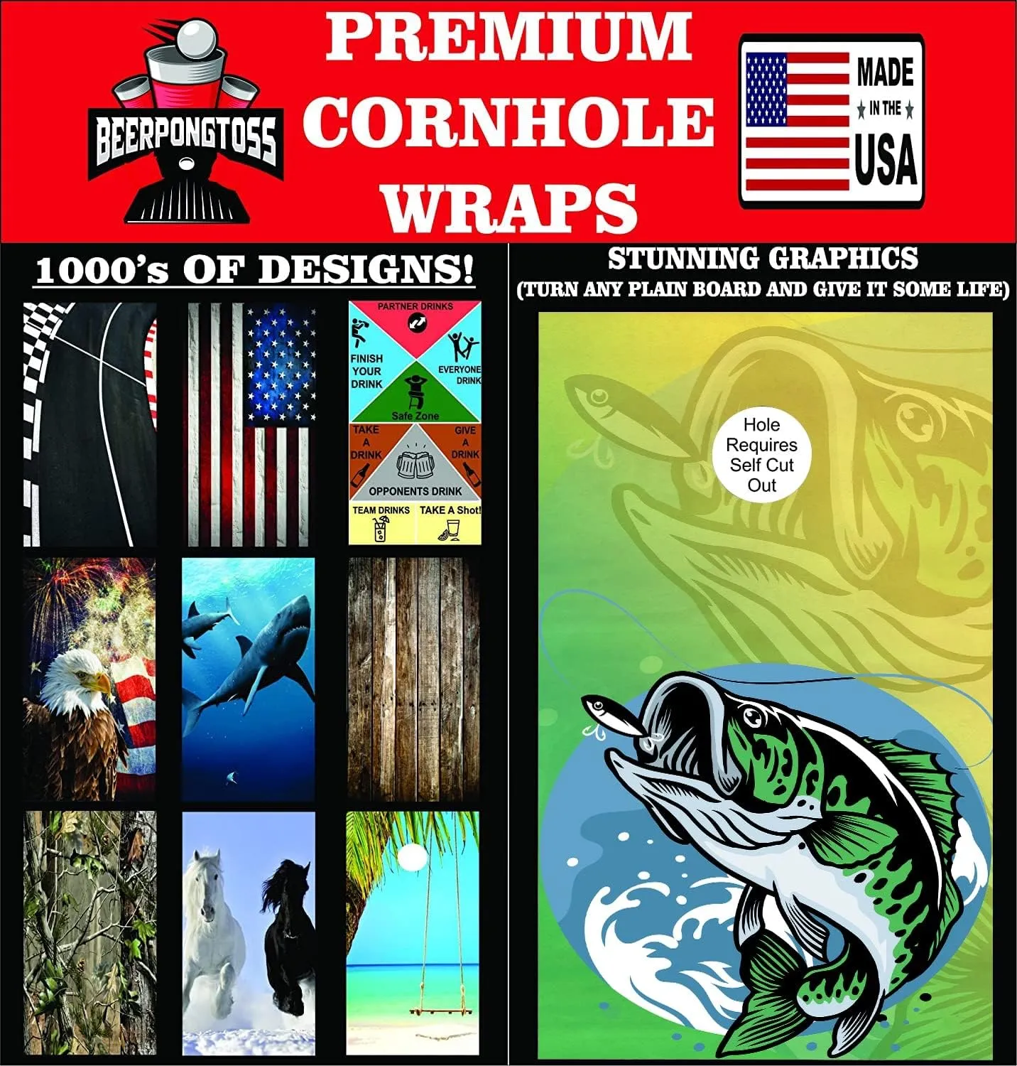 Cornhole Board Wraps, Cornhole Decals and Wraps for Boards (Set of 2) - Transform Your Cornhole Game with Our Durable Board Wraps (Fish Green)