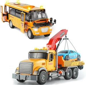 CORPER TOYS 9'' Diecast Pull Back School Bus Toy with Sounds and Lights and 15'' Friction Powered Large Tow Truck with Sounds and Lights Vehicle Playset for Kids