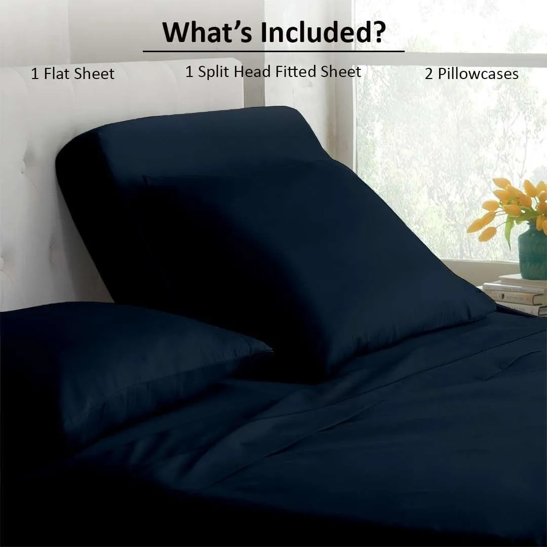 Cottingon Top Split King Sheets Set for Adjustable Bed - 4 Piece Sleep Number Bed Sheets - 100% Egyptian Cotton - 16 Inch Deep - 34 Split King - Navy Blue Solid