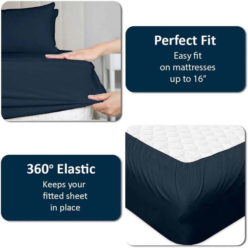 Cottingon Top Split King Sheets Set for Adjustable Bed - 4 Piece Sleep Number Bed Sheets - 100% Egyptian Cotton - 16 Inch Deep - 34 Split King - Navy Blue Solid