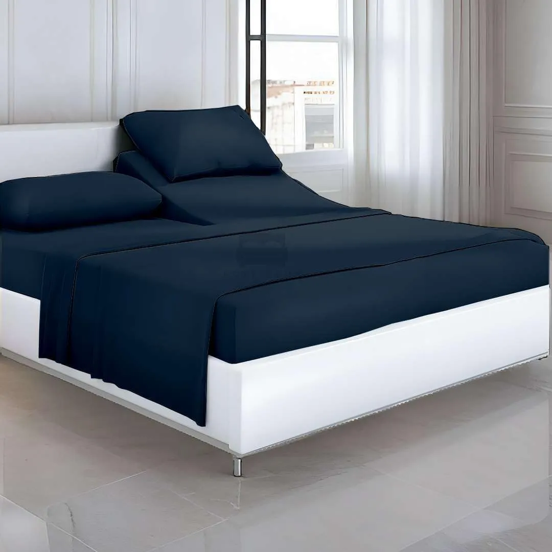 Cottingon Top Split King Sheets Set for Adjustable Bed - 4 Piece Sleep Number Bed Sheets - 100% Egyptian Cotton - 16 Inch Deep - 34 Split King - Navy Blue Solid