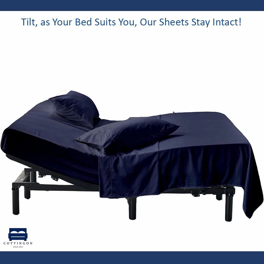 Cottingon 4 Piece Flex Head King Sheet Set, Top 34 Inch Split Sheets for Sleep Number Adjustable Beds, Soft Breathable 100% Egyptian Cotton, Fits Upto 16" Deep Mattress 78"X80"  34", Navy Blue