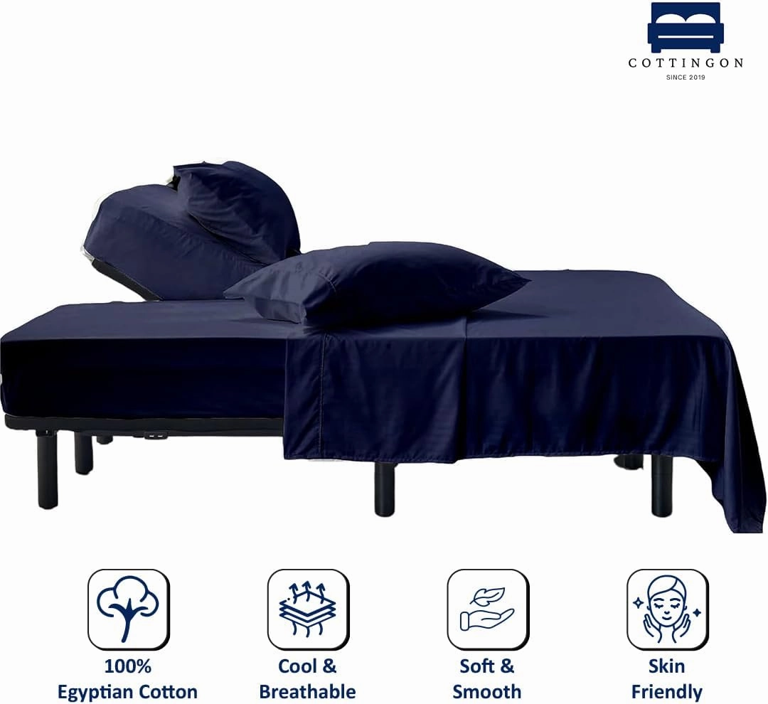 Cottingon 4 Piece Flex Head King Sheet Set, Top 34 Inch Split Sheets for Sleep Number Adjustable Beds, Soft Breathable 100% Egyptian Cotton, Fits Upto 16" Deep Mattress 78"X80"  34", Navy Blue