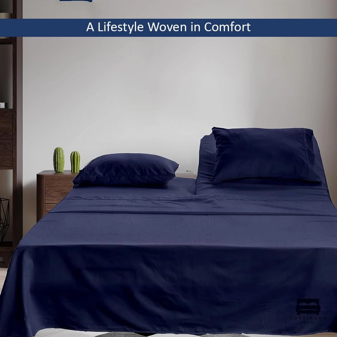 Cottingon 4 Piece Flex Head King Sheet Set, Top 34 Inch Split Sheets for Sleep Number Adjustable Beds, Soft Breathable 100% Egyptian Cotton, Fits Upto 16" Deep Mattress 78"X80"  34", Navy Blue