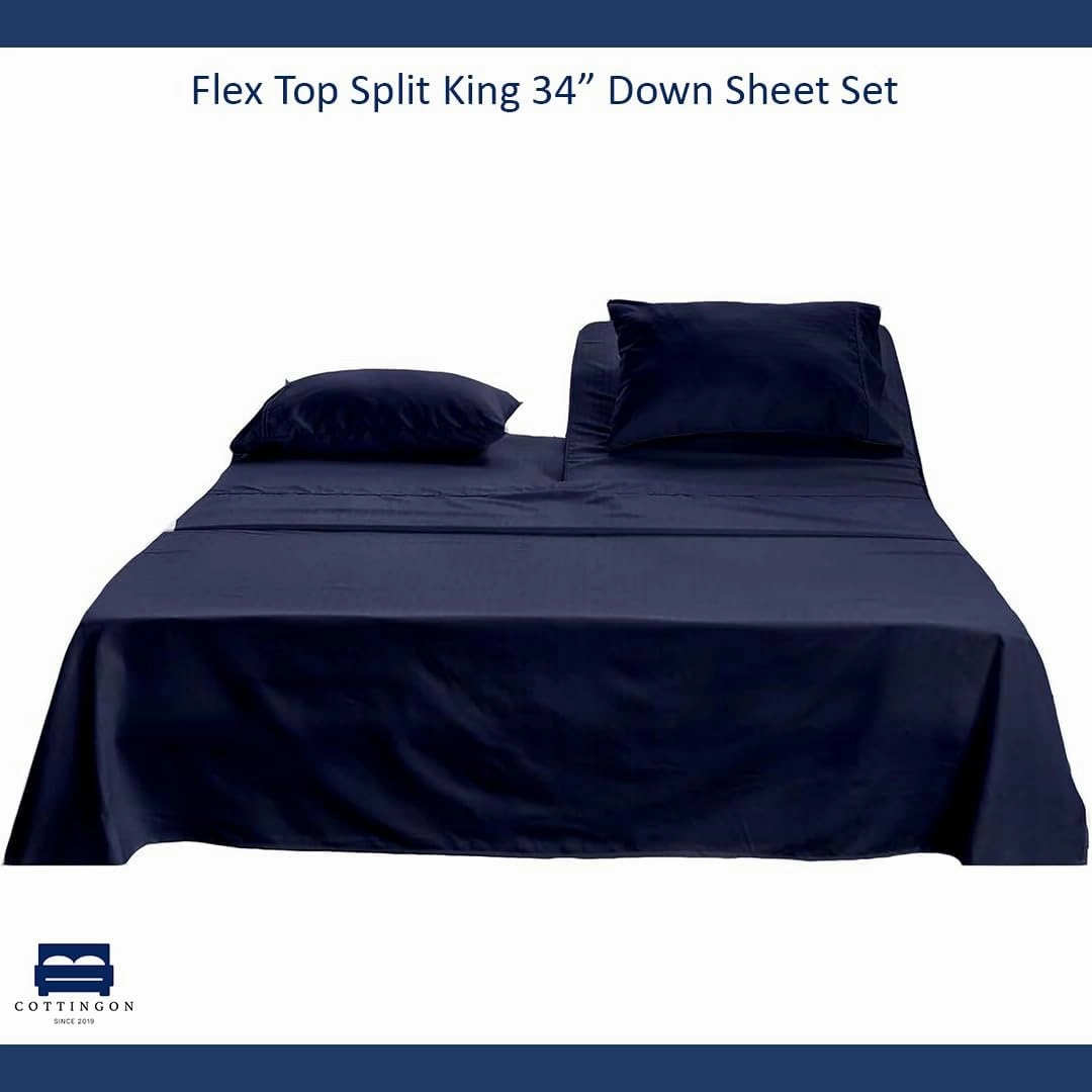 Cottingon 4 Piece Flex Head King Sheet Set, Top 34 Inch Split Sheets for Sleep Number Adjustable Beds, Soft Breathable 100% Egyptian Cotton, Fits Upto 16" Deep Mattress 78"X80"  34", Navy Blue