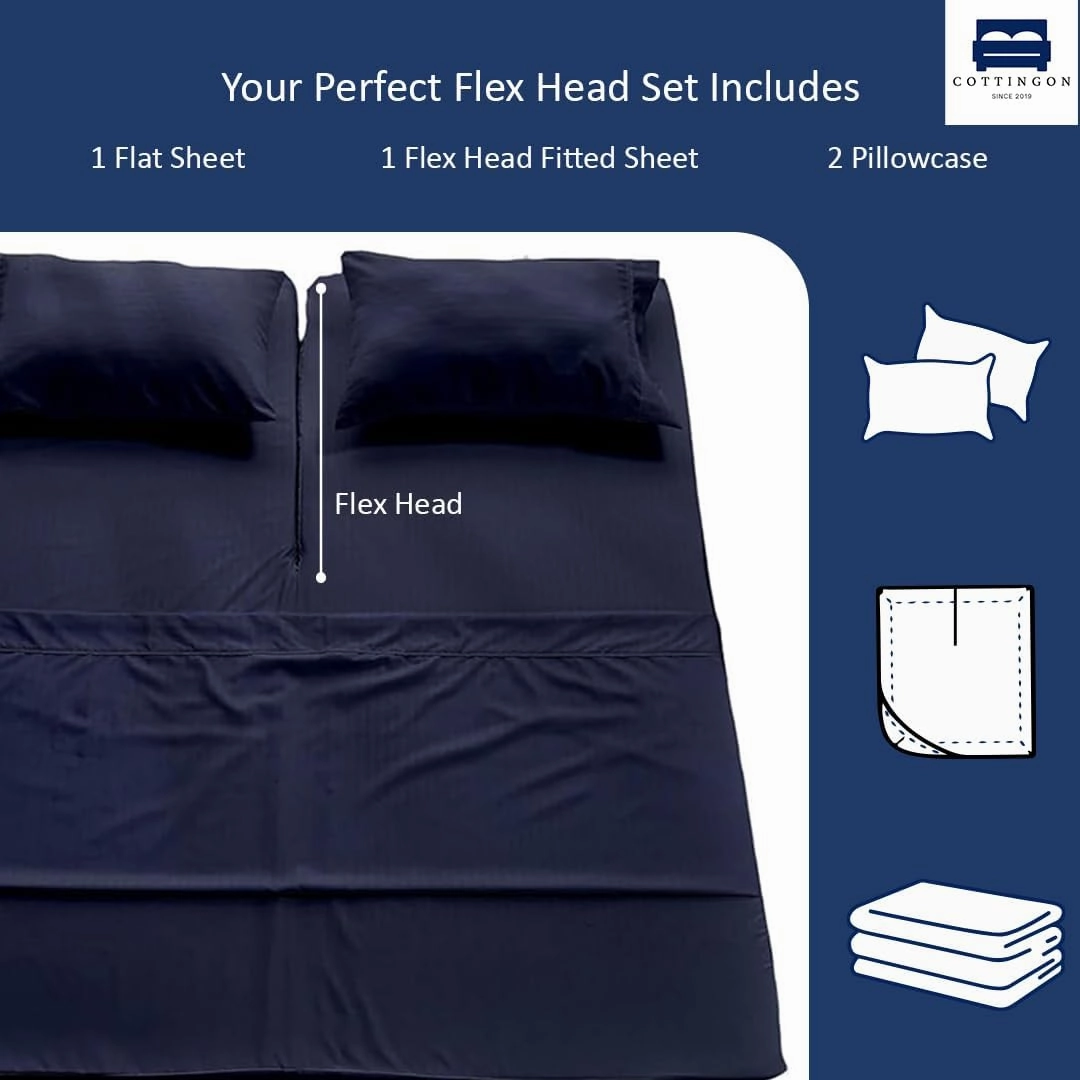 Cottingon 4 Piece Flex Head King Sheet Set, Top 34 Inch Split Sheets for Sleep Number Adjustable Beds, Soft Breathable 100% Egyptian Cotton, Fits Upto 16" Deep Mattress 78"X80"  34", Navy Blue