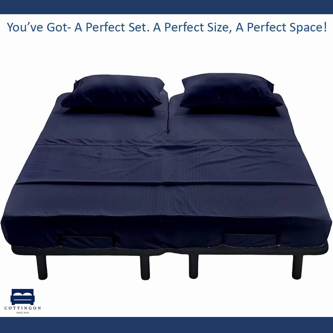 Cottingon 4 Piece Flex Head King Sheet Set, Top 34 Inch Split Sheets for Sleep Number Adjustable Beds, Soft Breathable 100% Egyptian Cotton, Fits Upto 16" Deep Mattress 78"X80"  34", Navy Blue