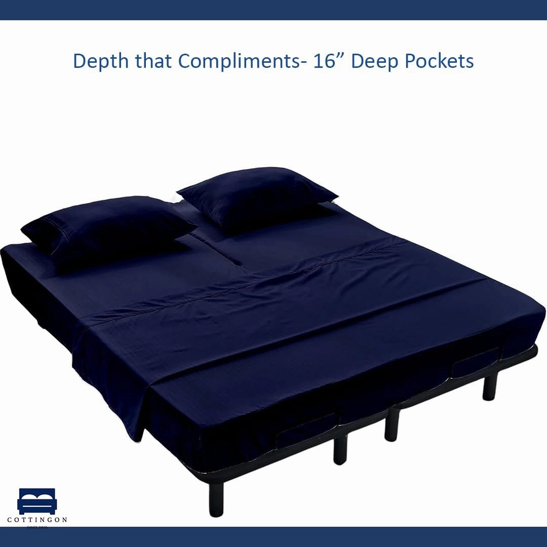 Cottingon 4 Piece Flex Head King Sheet Set, Top 34 Inch Split Sheets for Sleep Number Adjustable Beds, Soft Breathable 100% Egyptian Cotton, Fits Upto 16" Deep Mattress 78"X80"  34", Navy Blue