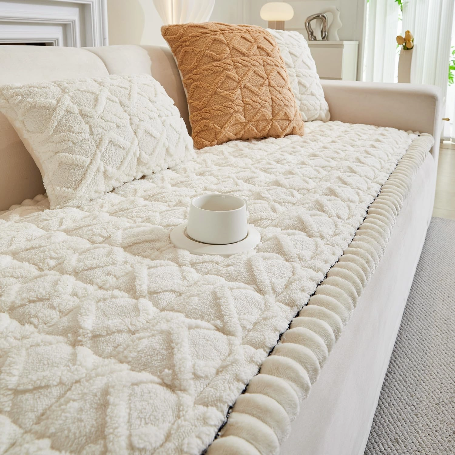 Couch Cover for Dogs Fuzzy Sofa Covers for Pet, Geometric Jacquard Coral Pet-Friendly Washable Non-Slip Sofas Slipcover Cushion Protector Pets Mat Dog Bed Mats