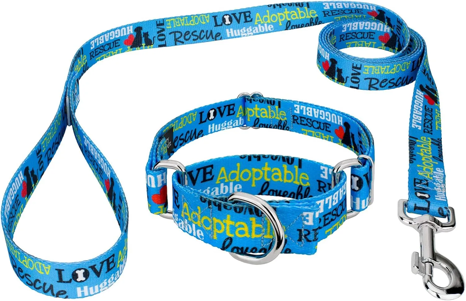 Country Brook Petz - Blue Loveable Rescue Martingale Dog Collar and Leash - Rescue Collection Featuring Shelter Designs (5/8 Inch, Small)