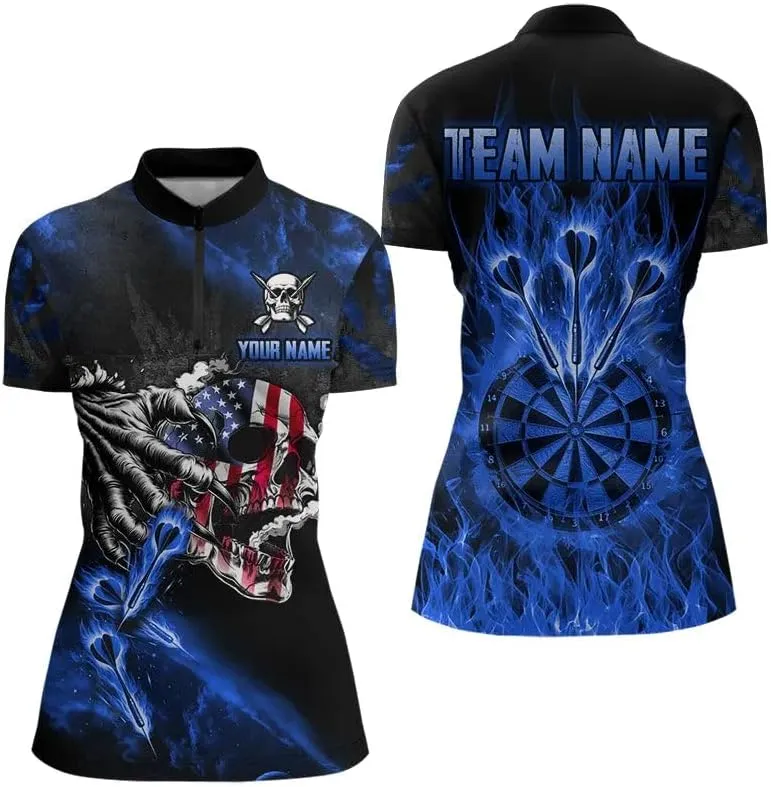 Customized Name, Team Name Jersey, Fire Flame Darts Board American Flag Skull Dart Shirts for Women
