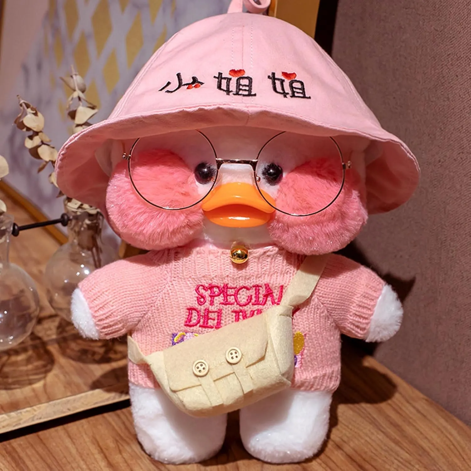 Cute Plush Toy Set with 9 Pcs Clothes, White Duck Stuffed Animal with Glasses - Kawaii Duck Gifts for Kids