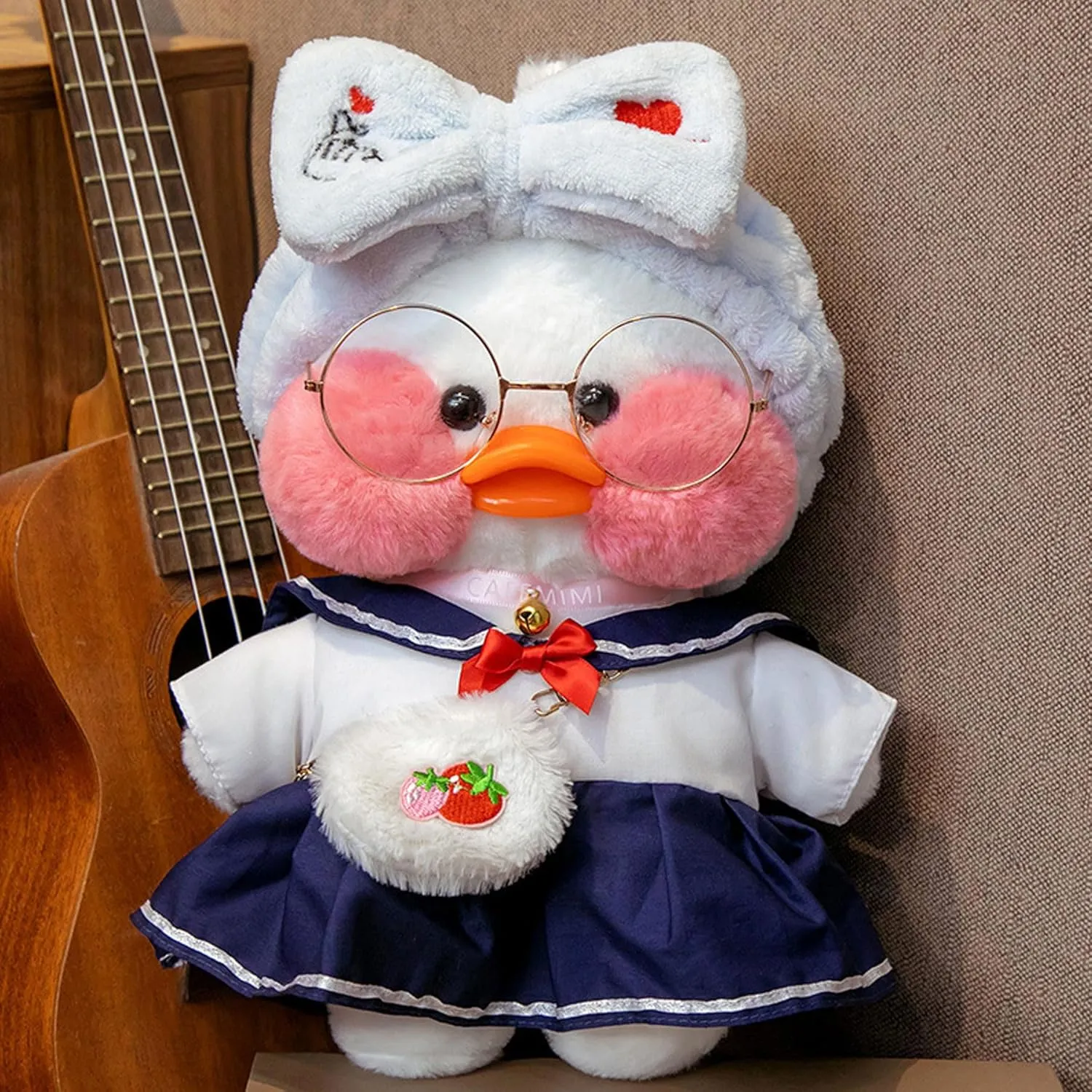 Cute Plush Toy Set with 9 Pcs Clothes, White Duck Stuffed Animal with Glasses - Kawaii Duck Gifts for Kids