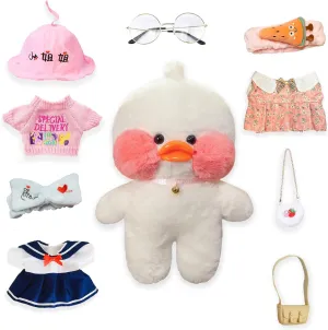 Cute Plush Toy Set with 9 Pcs Clothes, White Duck Stuffed Animal with Glasses - Kawaii Duck Gifts for Kids