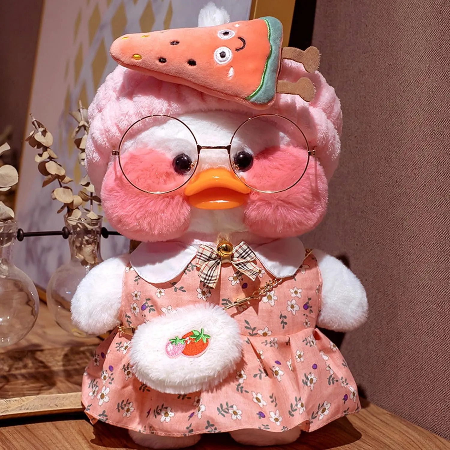 Cute Plush Toy Set with 9 Pcs Clothes, White Duck Stuffed Animal with Glasses - Kawaii Duck Gifts for Kids