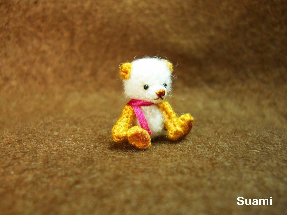 Cute Mohair Teddy Bear - Micro Crocheted  Teddy 0.8 Inch Pink Scarf - Made To Order