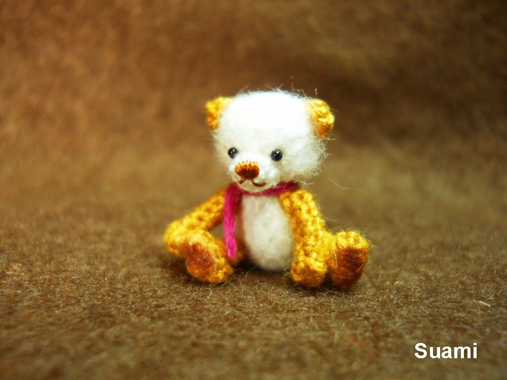 Cute Mohair Teddy Bear - Micro Crocheted  Teddy 0.8 Inch Pink Scarf - Made To Order