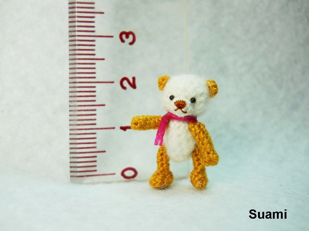 Cute Mohair Teddy Bear - Micro Crocheted  Teddy 0.8 Inch Pink Scarf - Made To Order