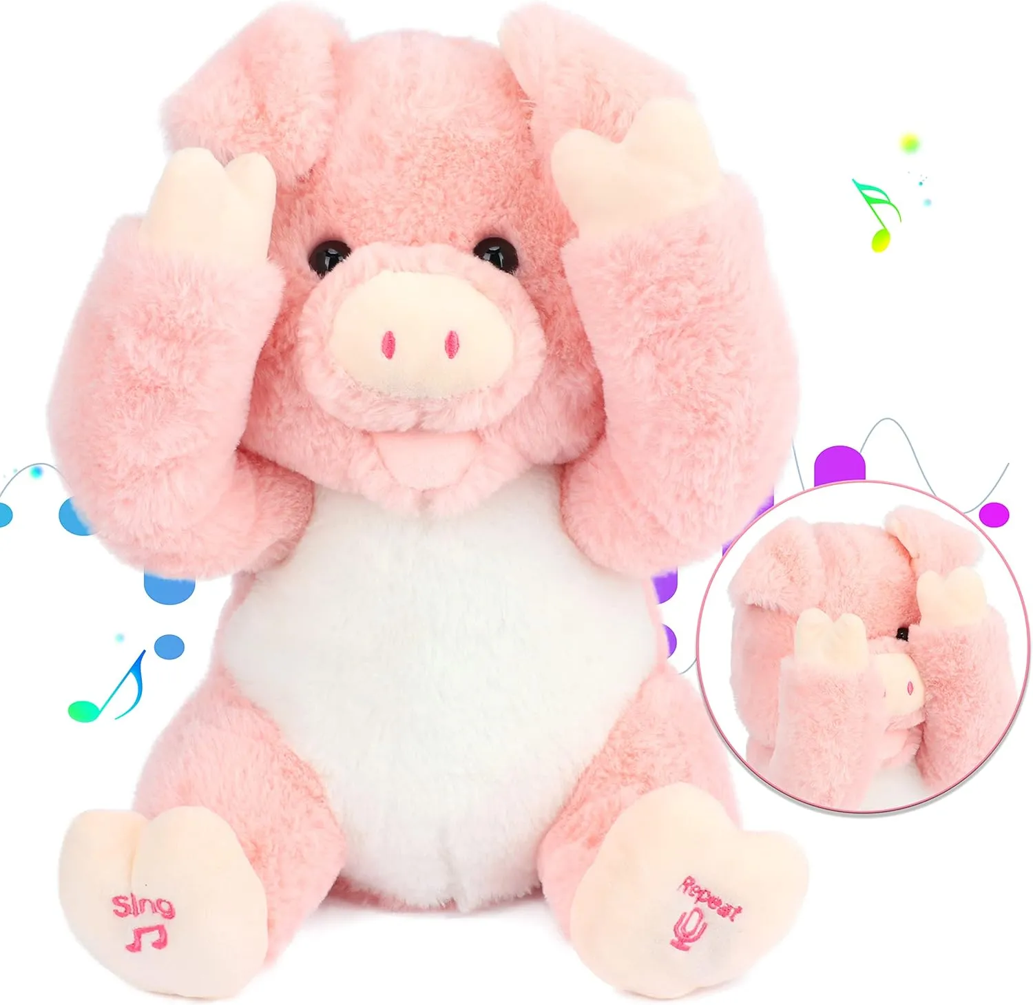 Cuteoy Peek A Boo Pig Plush Toy Interactive Electric Stuffed Animal Repeats What You Say Singing Talking Musical Plushies Gifts for Christmas Birthday 11''