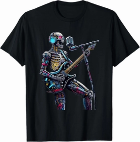 Cyberpunk Robotic Skeleton Electric Guitar Music Streetwear T-Shirt
