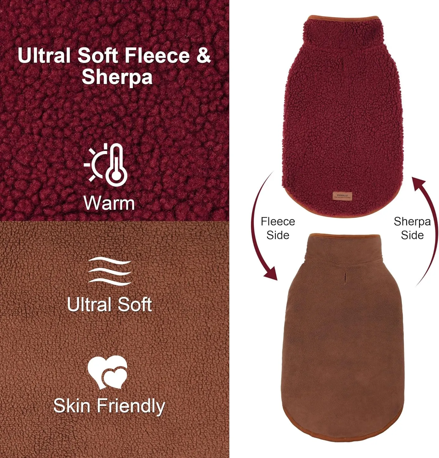 cyeollo Warm Dog Coat Fleece Sherpa Reversible Winter Sweater Coats, Turtleneck Cold Weather Dog Jacket Vest for Small Dogs with Leash Hole, Burgundy, S