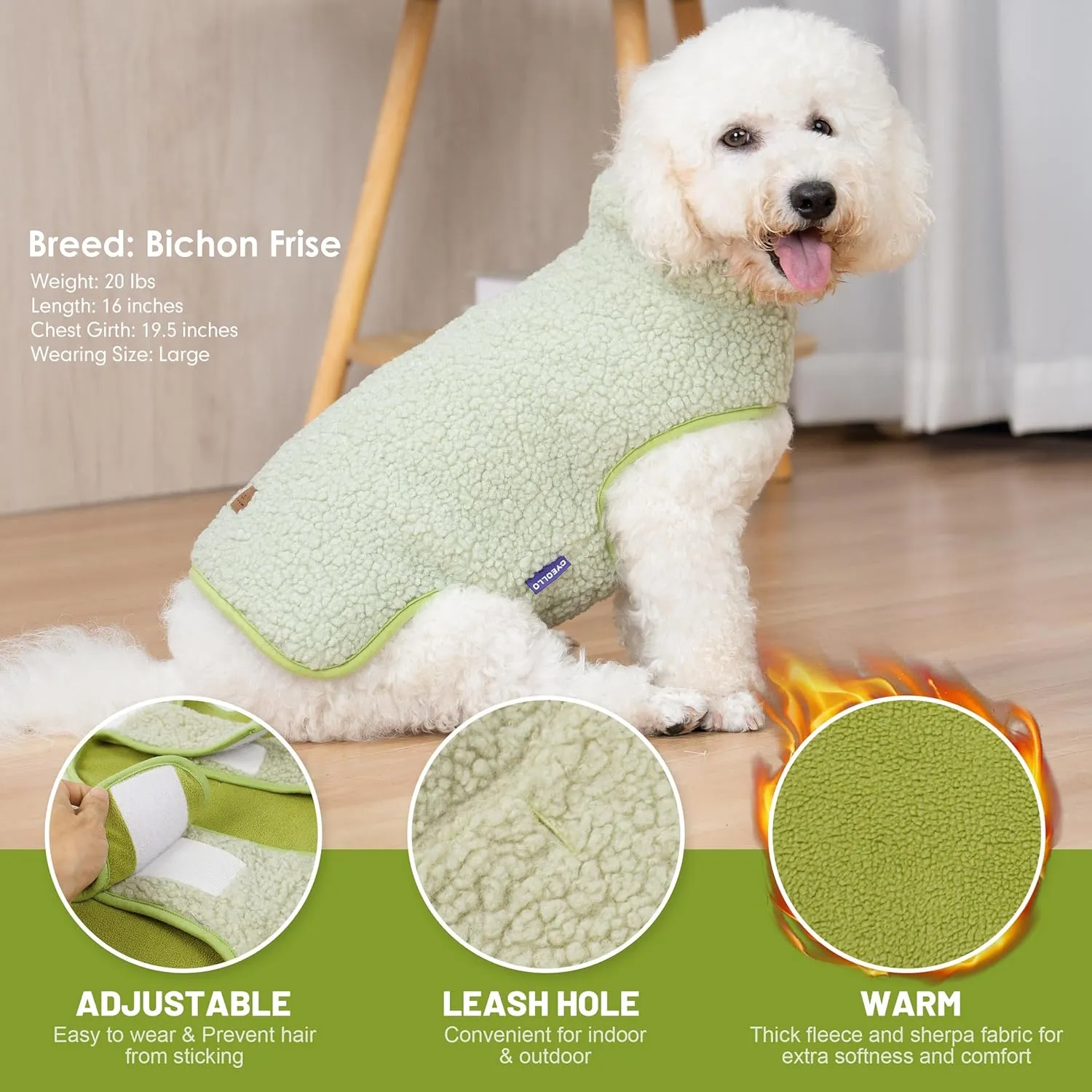 Cyeollo Warm Fleece Sherpa Winter Sweater, Turtleneck Dog Jacket Vest for Small to Large Dogs, Soft Reversible Coat for Cold Weather, Green, S