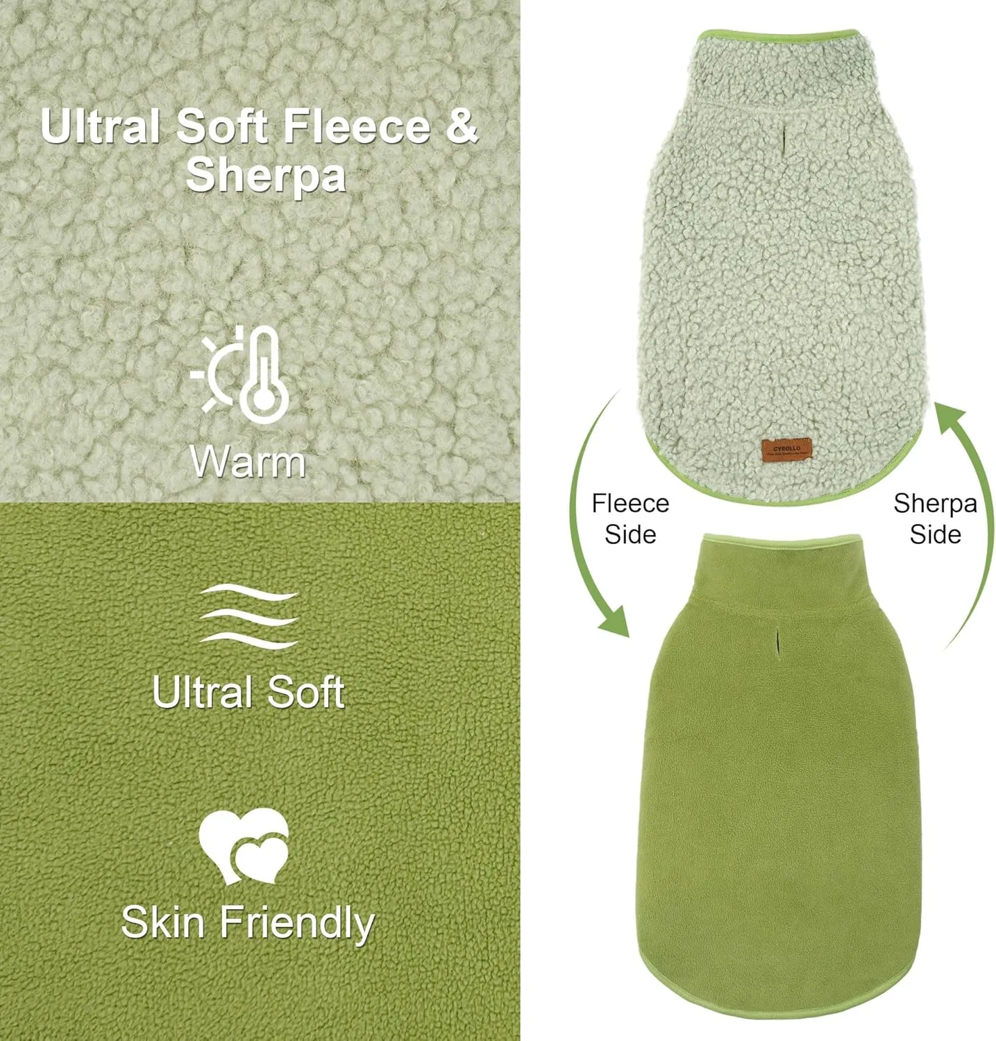 Cyeollo Warm Fleece Sherpa Winter Sweater, Turtleneck Dog Jacket Vest for Small to Large Dogs, Soft Reversible Coat for Cold Weather, Green, S
