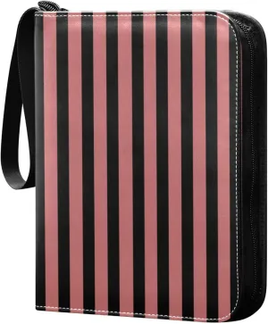 Dark Pink Black Stripes Card Binder 4 Pocket Trading Card Album Fits 400 Sports/Game Cards, PU Cover 3 Ring Card Collection with 50 Removable Sleeves
