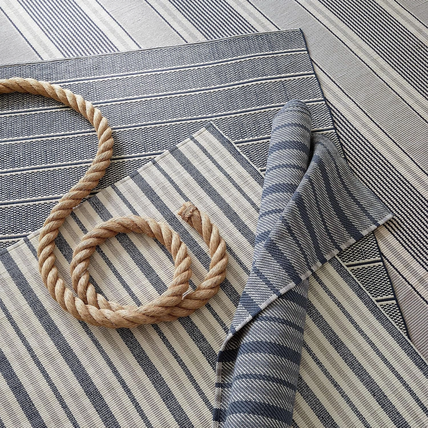 Dash and Albert Gunner Stripe Handwoven Cotton Rug, Runner-2.5 X 8 Feet, Blue/Grey Stripe Pattern