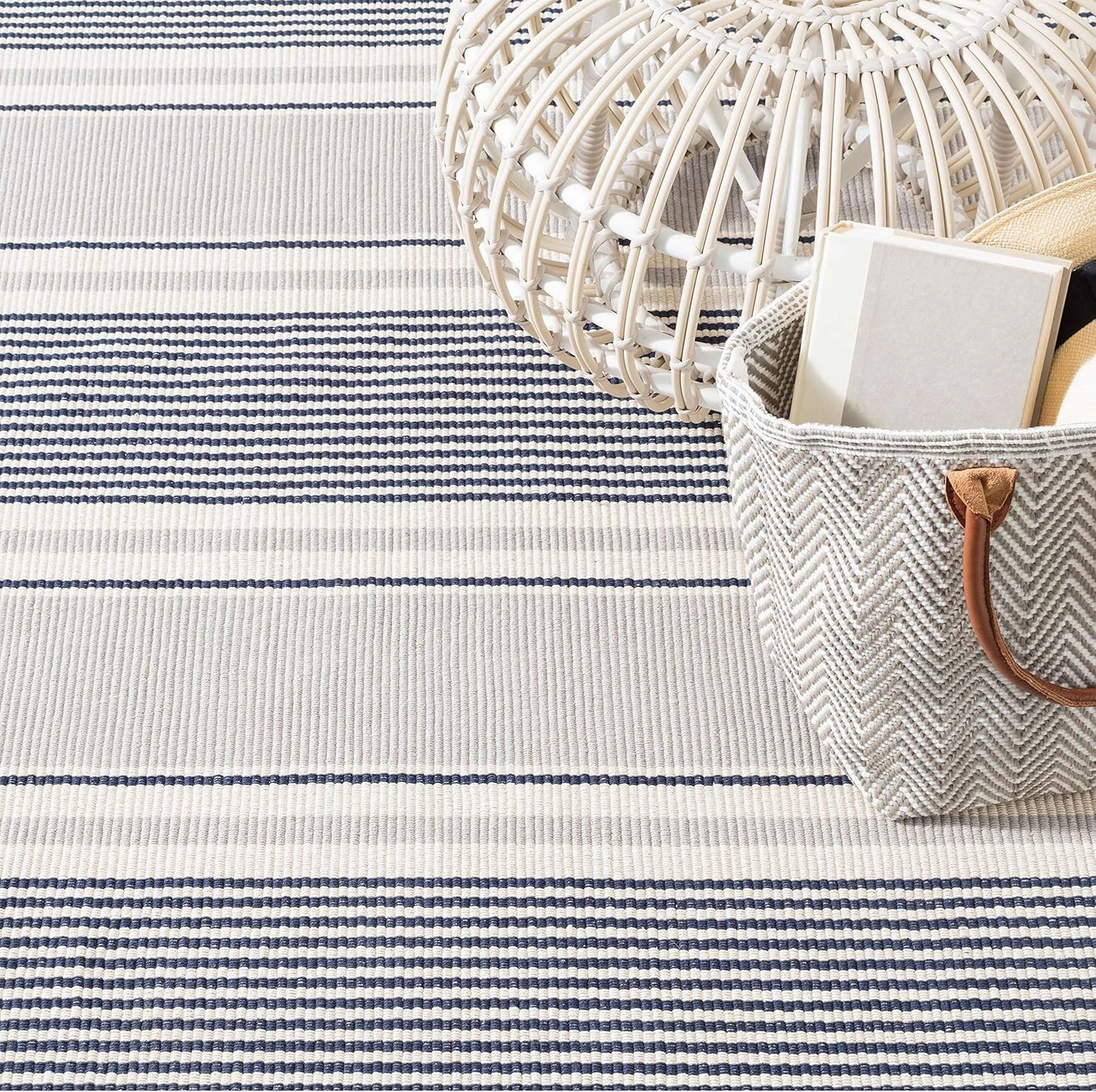 Dash and Albert Gunner Stripe Handwoven Cotton Rug, Runner-2.5 X 8 Feet, Blue/Grey Stripe Pattern