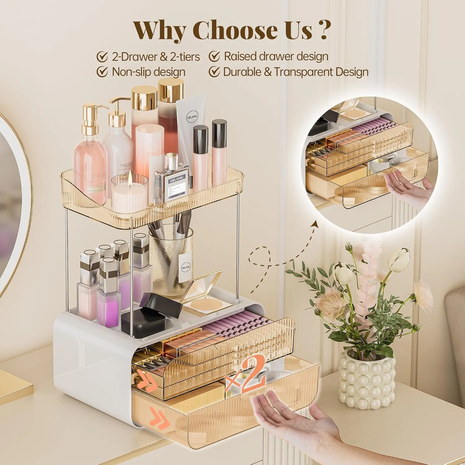 Delamu Bathroom Counter Organizer 2-Drawers 2-Tier Acrylic Makeup Organizer for Vanity Countertop, Skincare Perfume Storage, Easy Assembly, Ideal Gift for Women,Bath Linen Sets, Amber