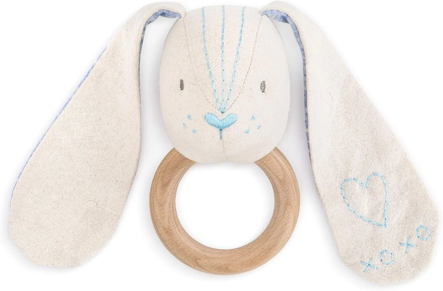 DEMDACO Bunny Soft Blue 6 inch Plush Linen Polyester and Wood Animal Rattle Toy