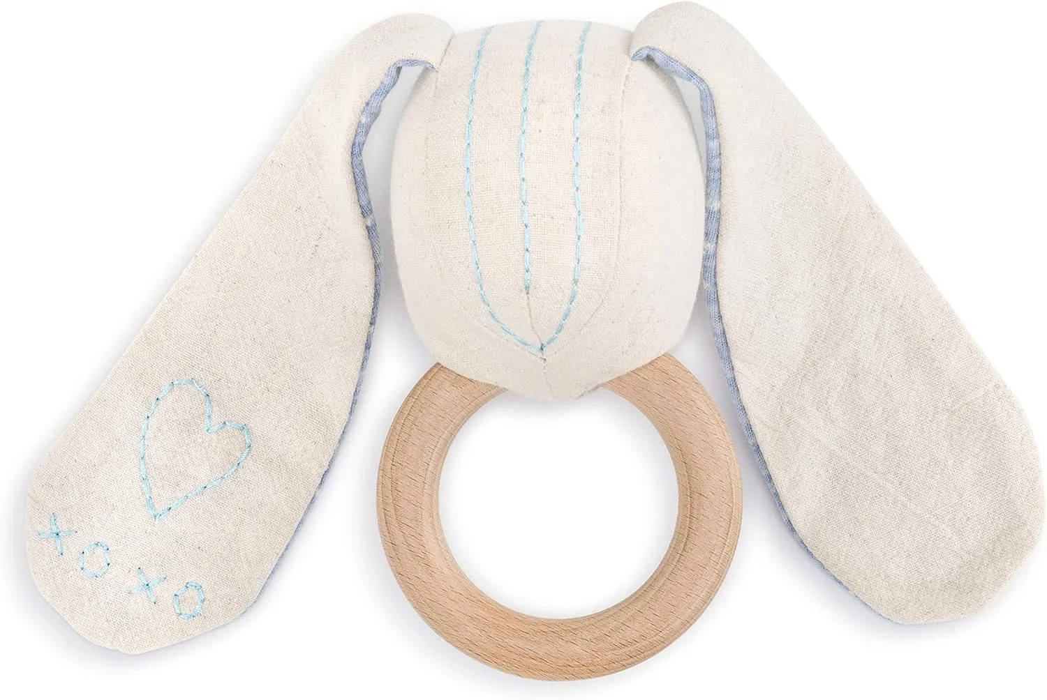 DEMDACO Bunny Soft Blue 6 inch Plush Linen Polyester and Wood Animal Rattle Toy