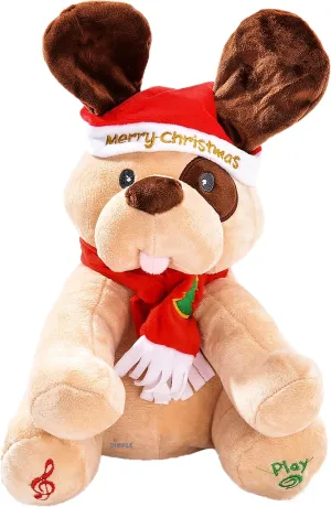 Dimple 'Ginger' Christmas Holiday Dog Stuffed Animal 9", Animated Plush Singing Peek-a-Boo & Waving Ears Dog, Xmas Electric Toy Party Gift for Kids Children, Plays Xmas Tunes