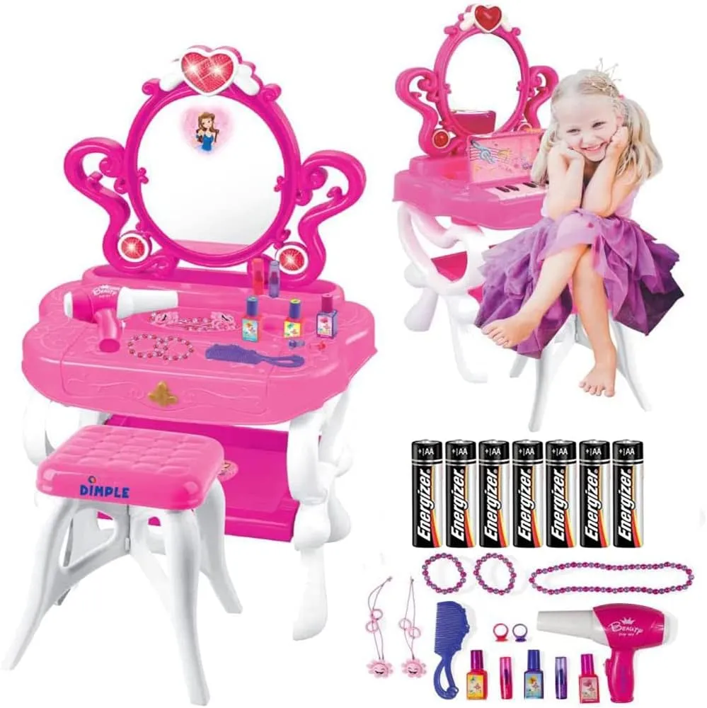 Dimple Princess Vanity Toy 2-in-1 Vanity Set with Makeup Accessories, Musical Piano Keyboard Sounds & Flashing Lights, Pretend Cosmetics Hair Dryer, Great Gift for Kids (7 AA Batteries Included)