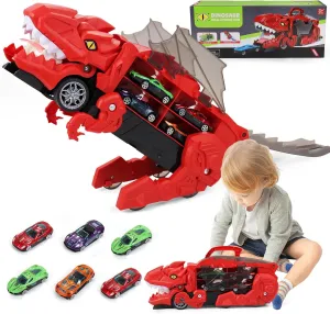 Dinosaur Cars Transport Truck Carrier, Toy Cars Track Set Dinosaur Transporter Truck, Monster Truck Toy for Toddler, Transforms into Dino, Dinosaur Toys for Kids 3-5, Birthday Gifts Toys(Red)